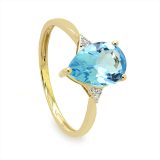 Zaveris 14 Carat Yellow Gold Tear Drop Blue Topaz and Side Stone Diamond Ring