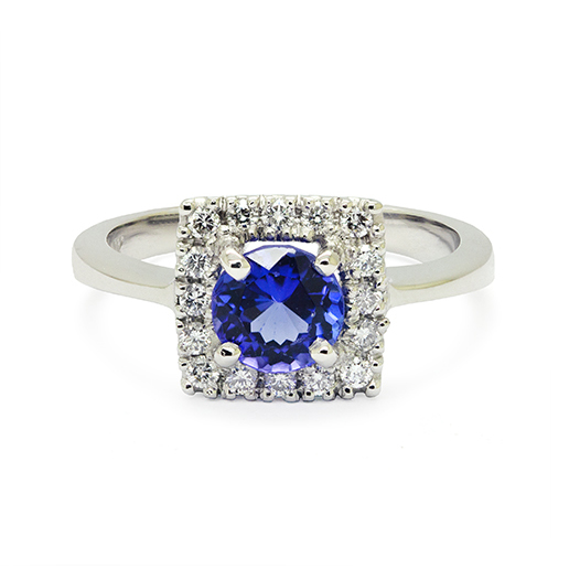 Zaveris 18 Carat White Gold Tanzanite and Diamond Halo Ring
