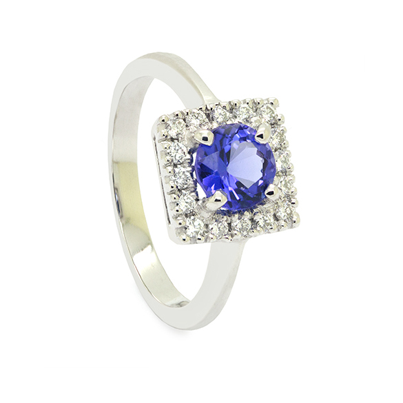 Zaveris 18 Carat White Gold Tanzanite and Diamond Halo Ring