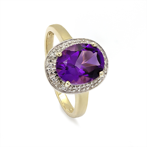 Zaveris 9 Carat Yellow Gold Amethyst Diamond Halo Ring