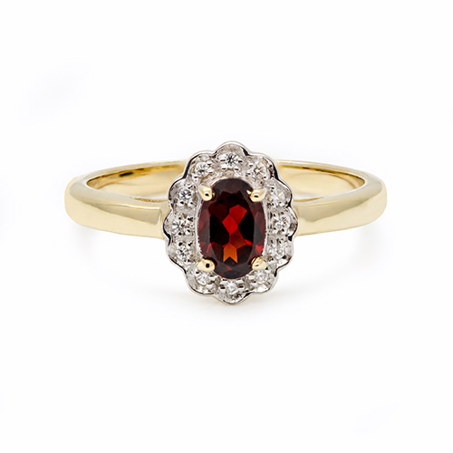 Zaveris 9 Carat Yellow Gold Red Garnet Halo Diamond Ring
