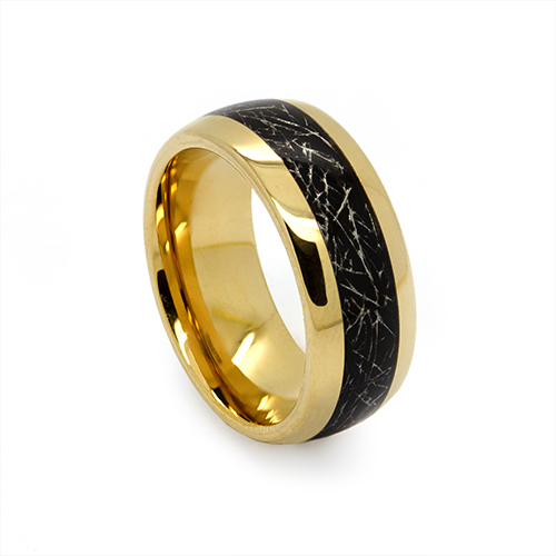 Zaveris 8mm Black Meteorite Inlay Gold Plated Tungsten Ring
