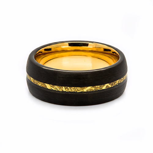 Zaveris 8mm Black Off Center Gold Meteorite Inlay Brushed Tungsten Band
