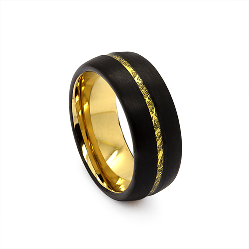 Zaveris 8mm Black Off Center Gold Meteorite Inlay Brushed Tungsten Band