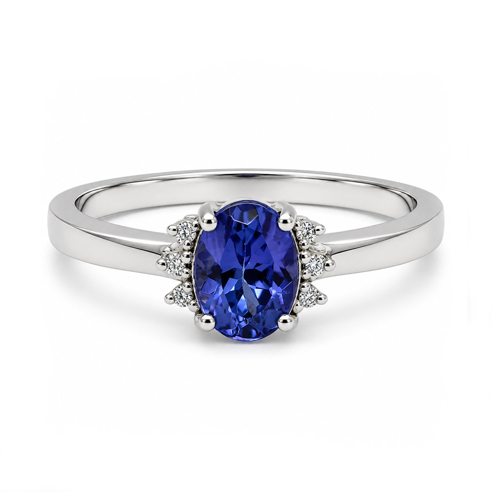 Zaveris 9 Carat White Gold Oval Cut Tanzanite and Diamond Ring