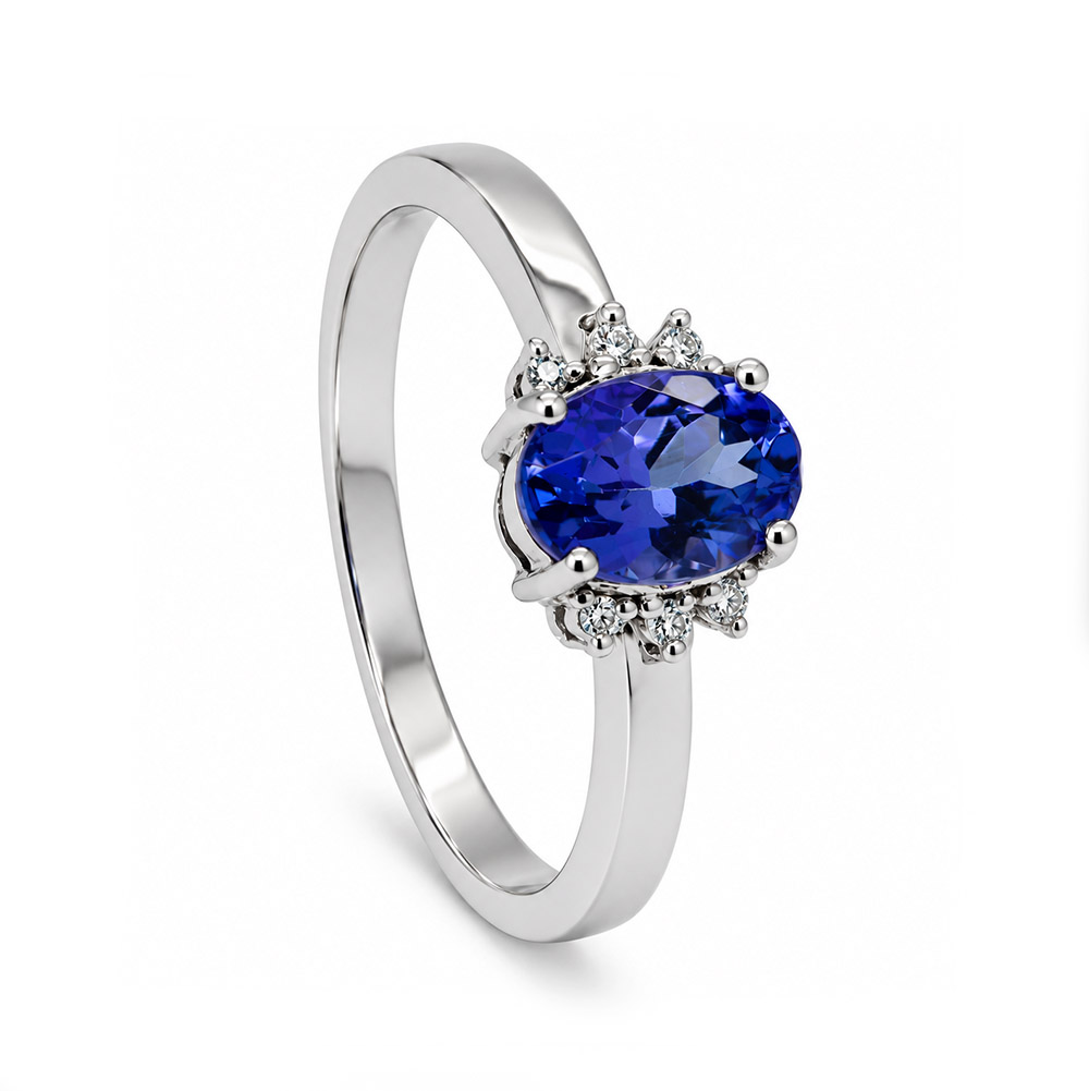 Zaveris 9 Carat White Gold Oval Cut Tanzanite and Diamond Ring