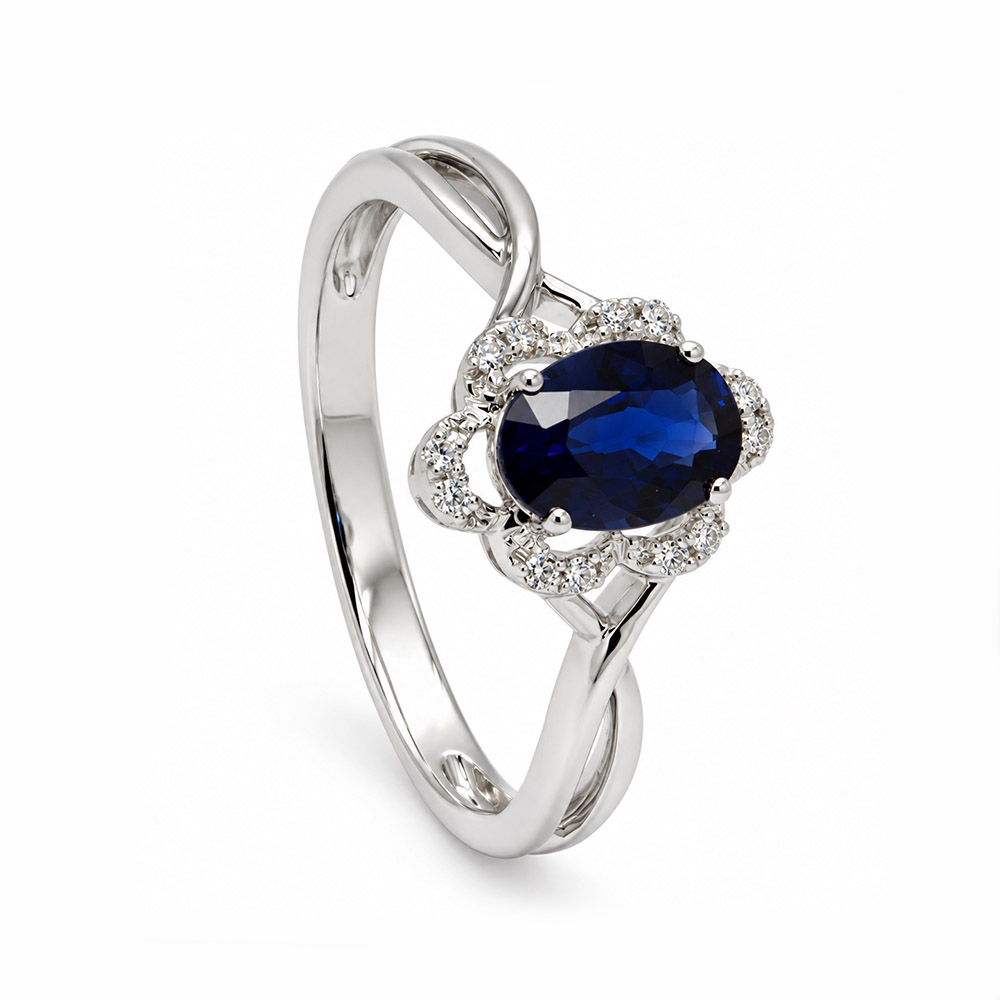 Zaveris 14 Carat White Gold Oval Sapphire and Diamond Ring