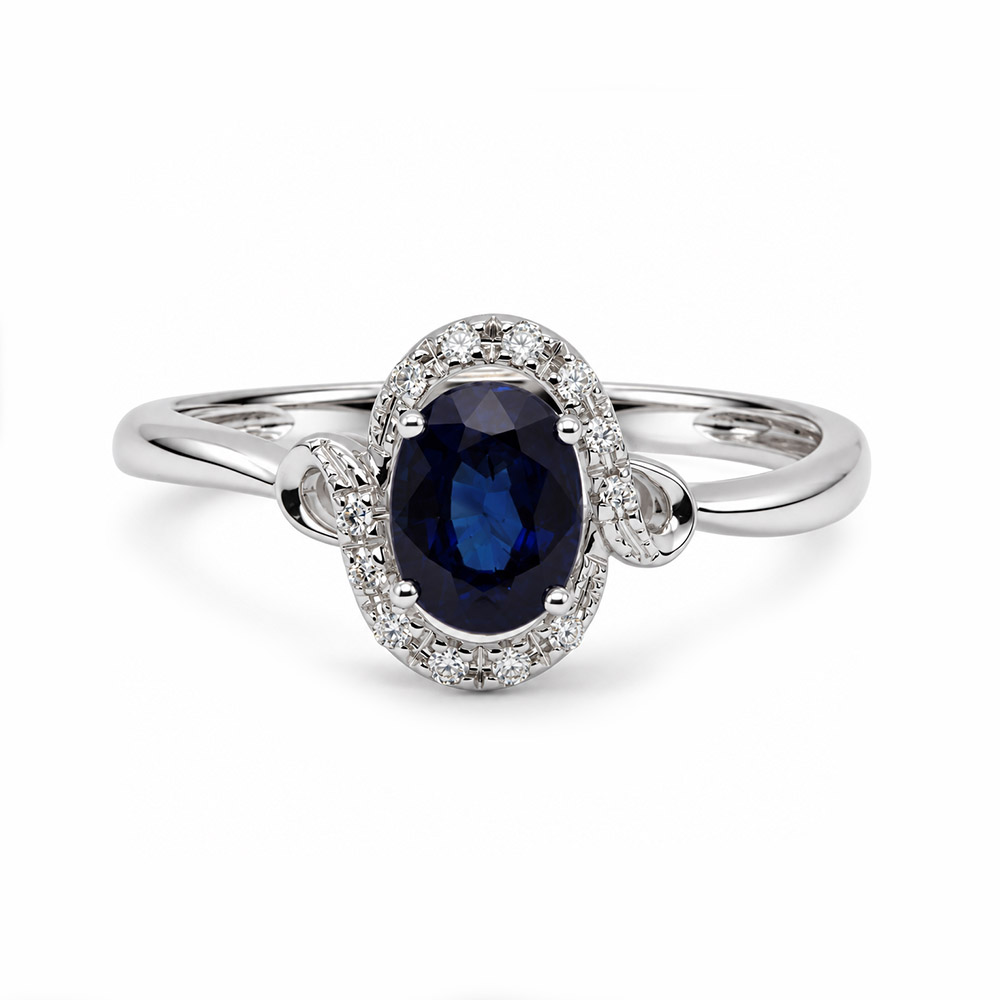 Zaveris 14 Carat White Gold Oval Blue Sapphire and Diamond Halo Engagement Ring