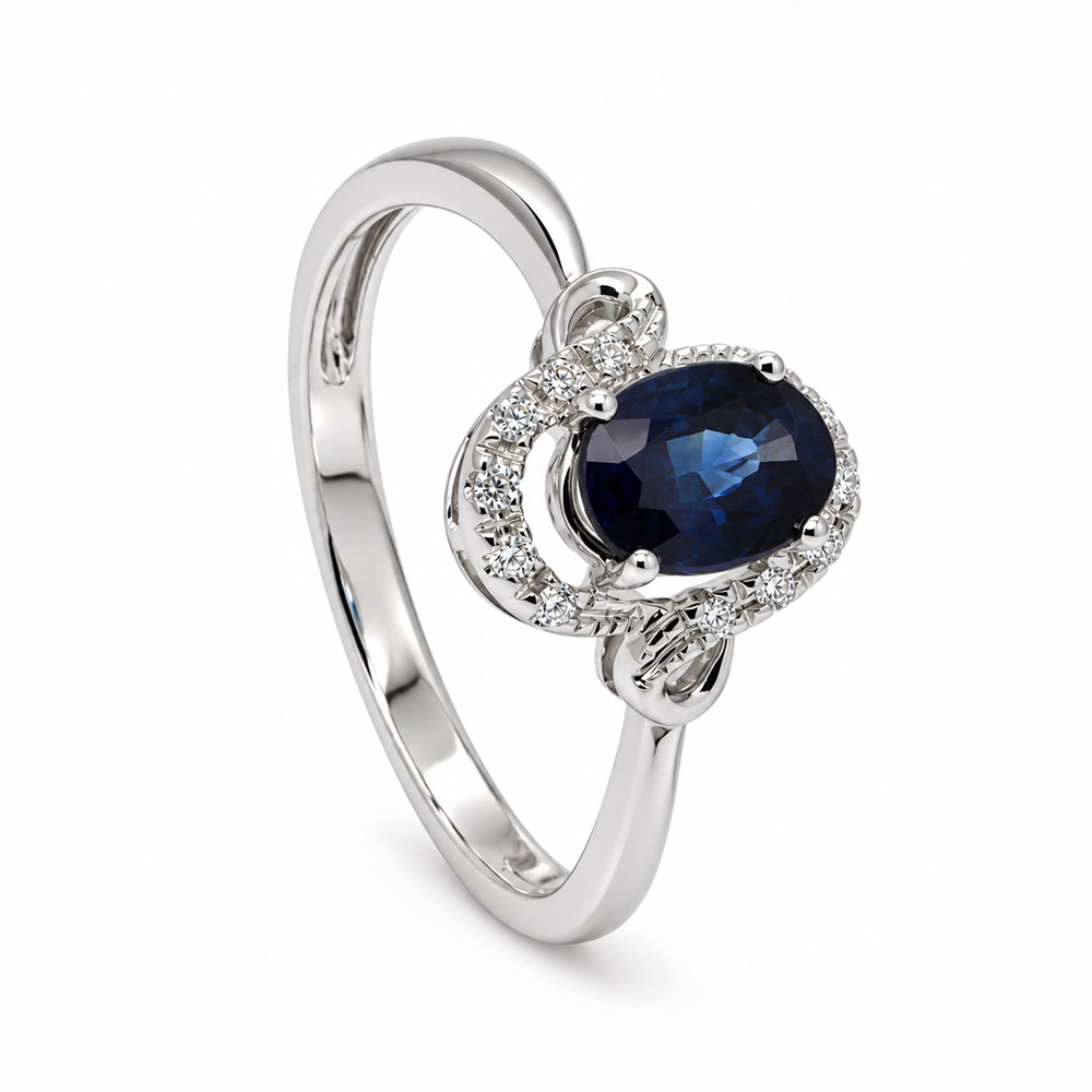 Zaveris 14 Carat White Gold Oval Blue Sapphire and Diamond Halo Engagement Ring