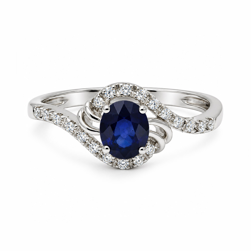 Zaveris 14 Carat White Gold Oval Sapphire and Diamond Swirl Ring