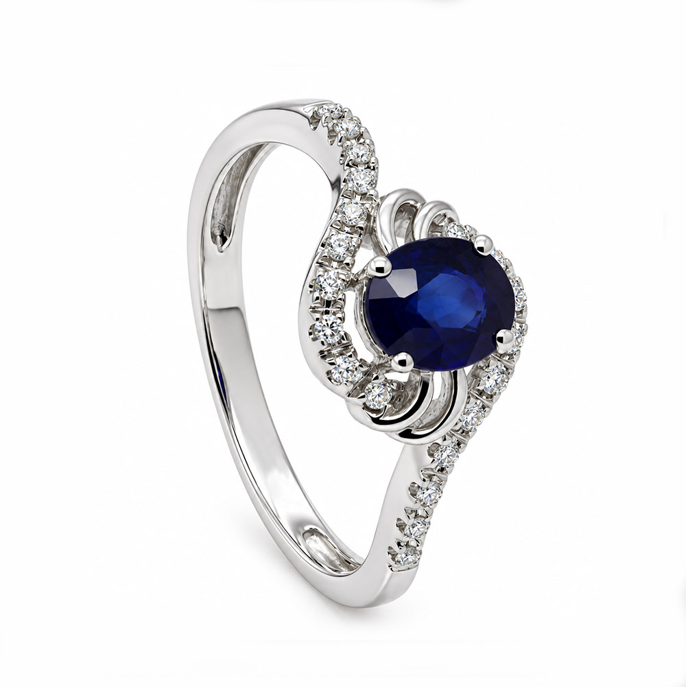 Zaveris 14 Carat White Gold Oval Sapphire and Diamond Swirl Ring