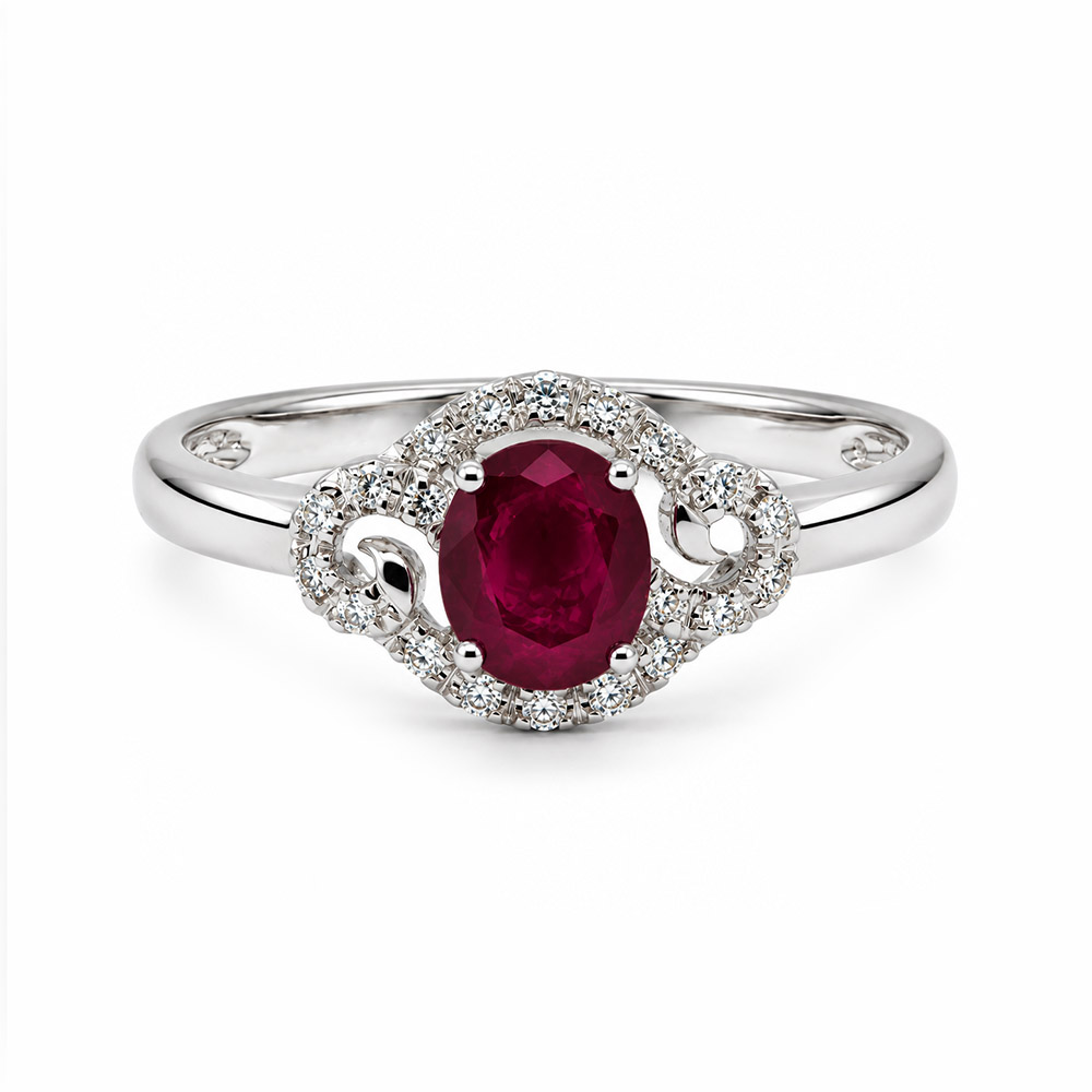 Zaveris 14 Carat White Gold Oval Ruby and Diamond Halo Engagement Ring