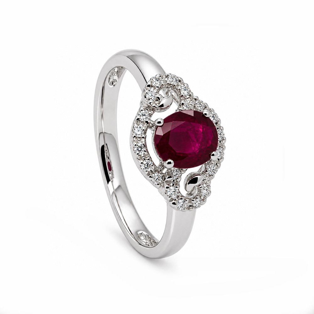 Zaveris 14 Carat White Gold Oval Ruby and Diamond Halo Engagement Ring