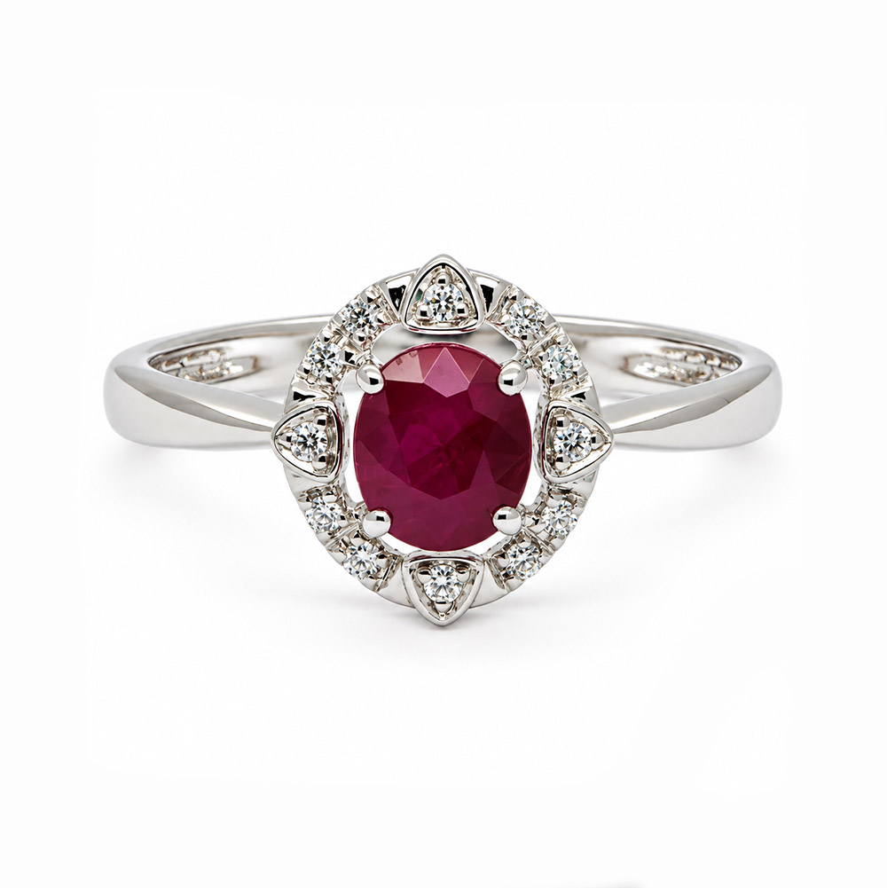 Zaveris 14 Carat White Gold Ruby and Diamond Floral Halo Engagement Ring