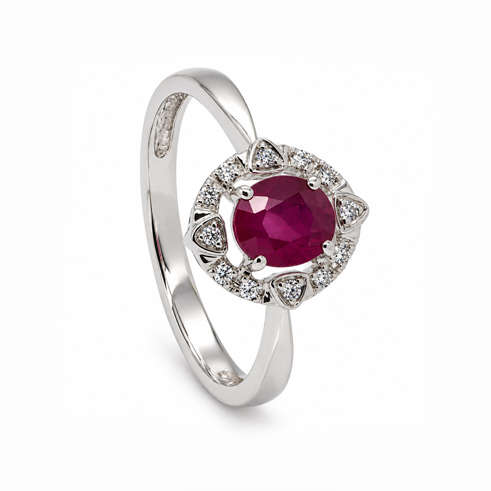 Zaveris 14 Carat White Gold Ruby and Diamond Floral Halo Engagement Ring
