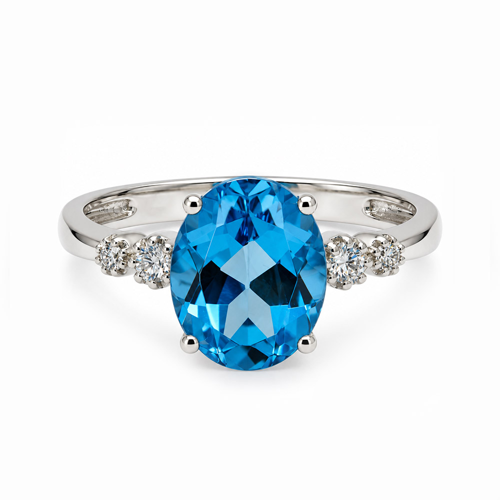 Zaveris 14 Carat White Gold Oval Blue Topaz and Diamond Shoulder Ring