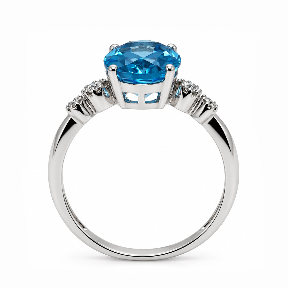 Zaveris 14 Carat White Gold Oval Blue Topaz and Diamond Shoulder Ring