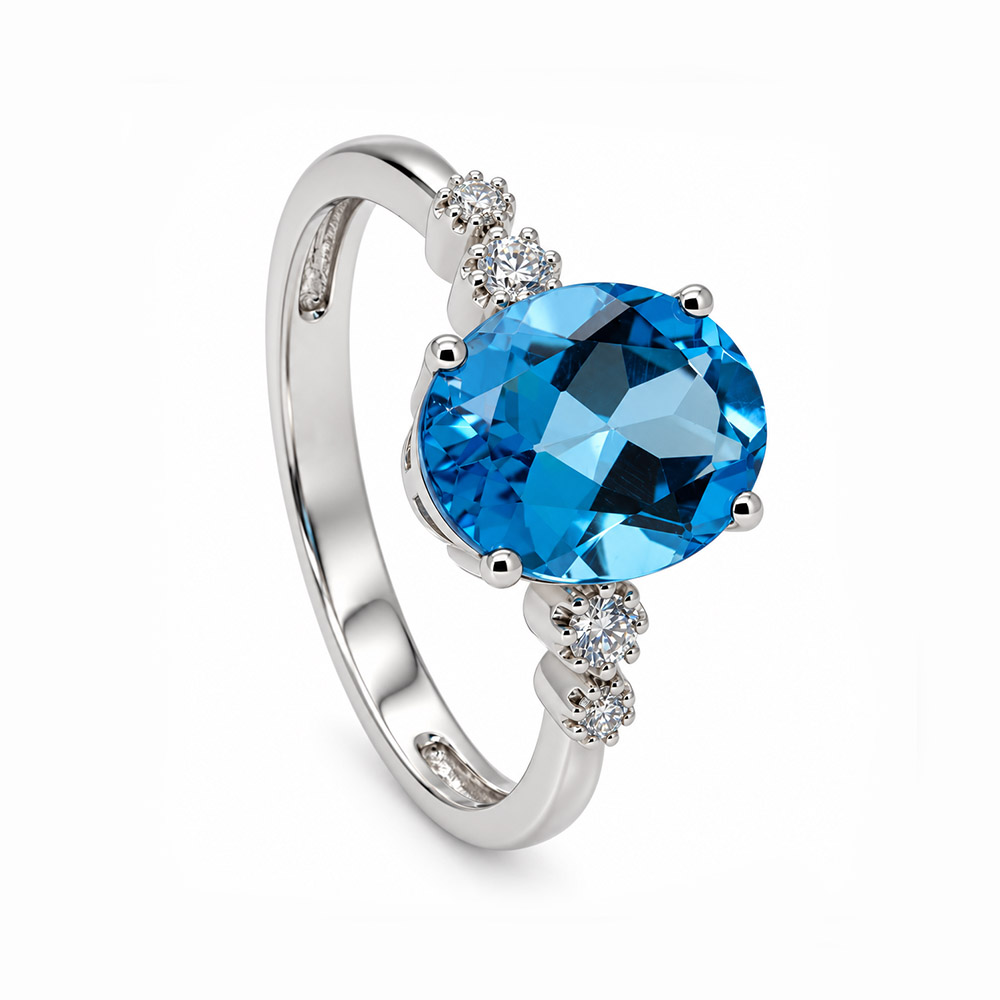 Zaveris 14 Carat White Gold Oval Blue Topaz and Diamond Shoulder Ring