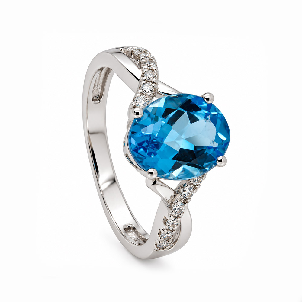 Zaveris 14 Carat White Gold Blue Topaz and Diamond Split Band Ring