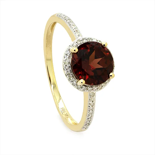 Zaveris 14 Carat Yellow Gold Round Cut Red Garnet and Diamond Ring